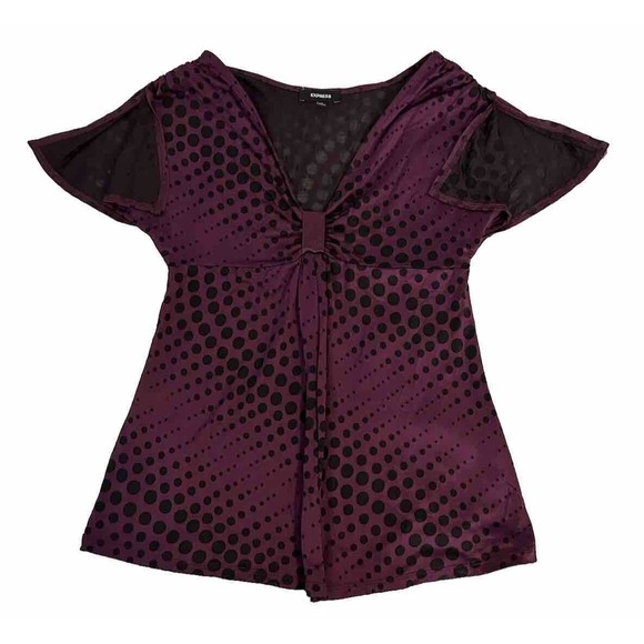 Express-Purple With Sheer Black-Polka Dot-Blouse-Split Shoulder-V Neck-Small-Use - Picture 1 of 10